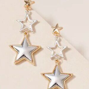 2 Tone Triple Star Linked Drop Dangle Metal Stud Earrings